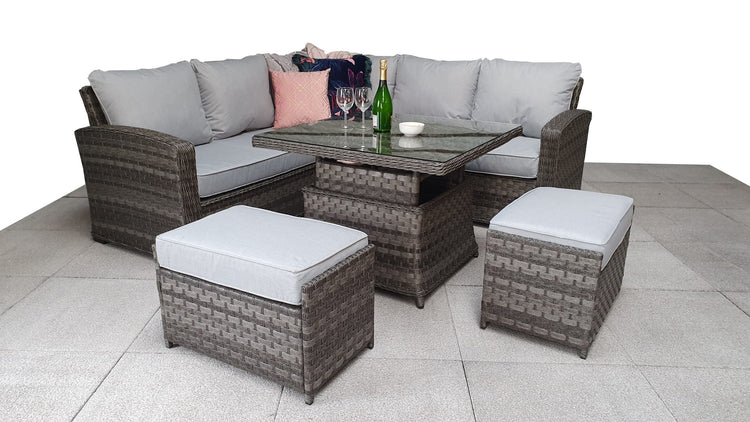 Signature Weave - Rattan Grace Corner Sofa + Adjustable Dining Table + 2 Stools Set Grey | Grac0313