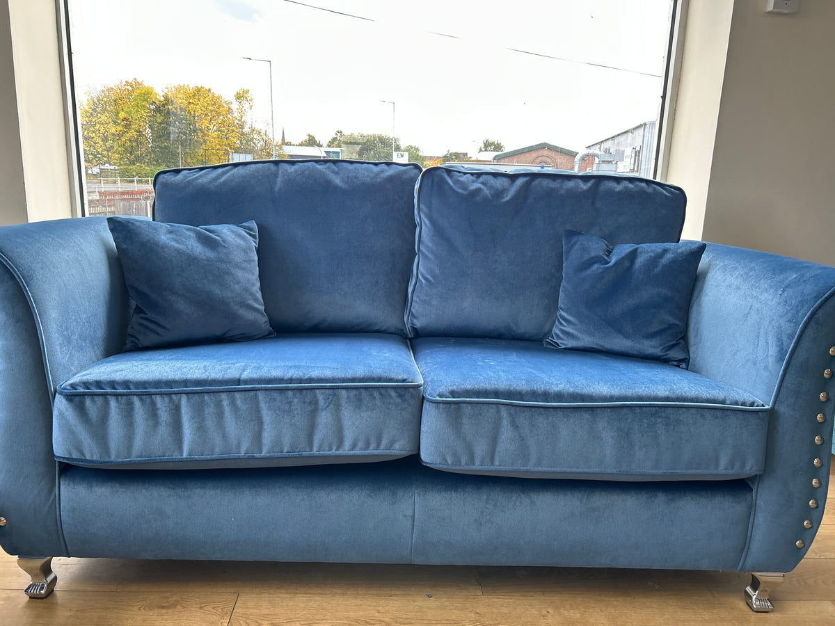 Ex-Display Spark Cobalt Blue Fabric 3 + 2 Seater Sofas with Silver Studs