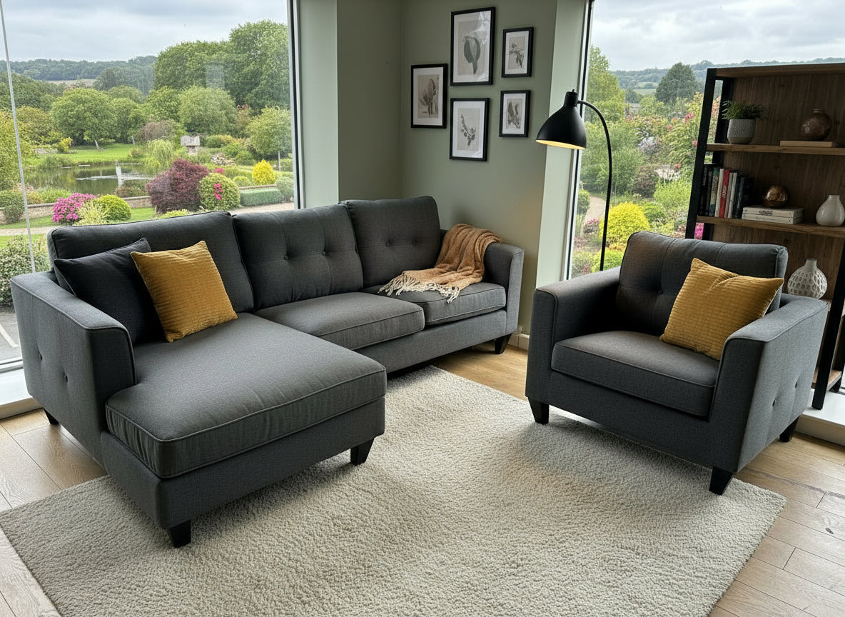 Ex-Display Liam Grey Fabric 3 Seater Chaise Sofa + Chair
