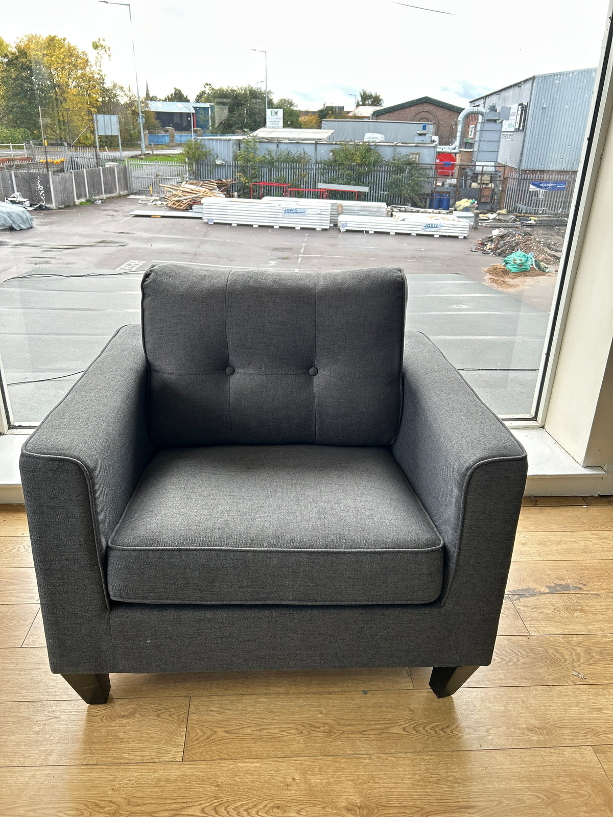 Ex-Display Liam Grey Fabric 3 Seater Chaise Sofa + Chair