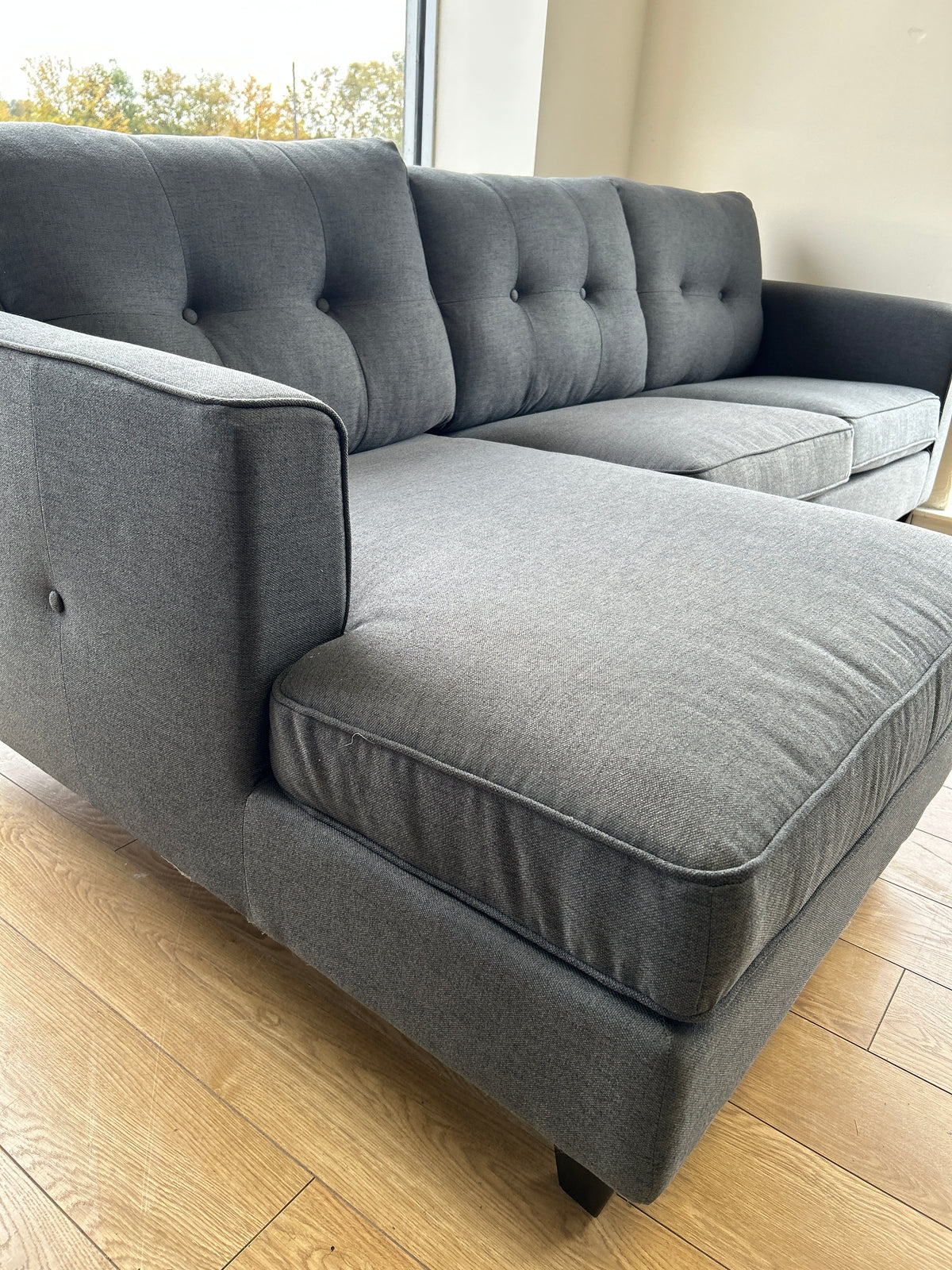 Ex-Display Liam Grey Fabric 3 Seater Chaise Sofa + Chair