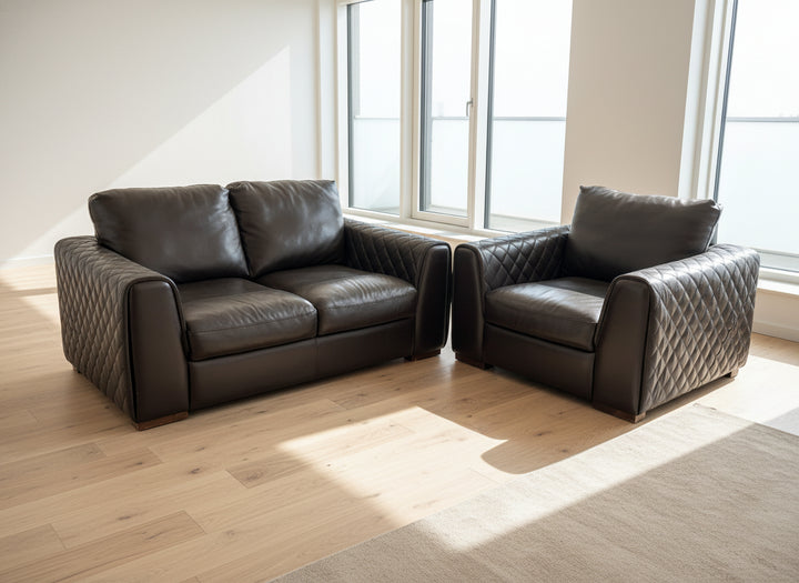 Ex-Display Waffle Arm Brown Leather 2 Seater Sofa + Chair