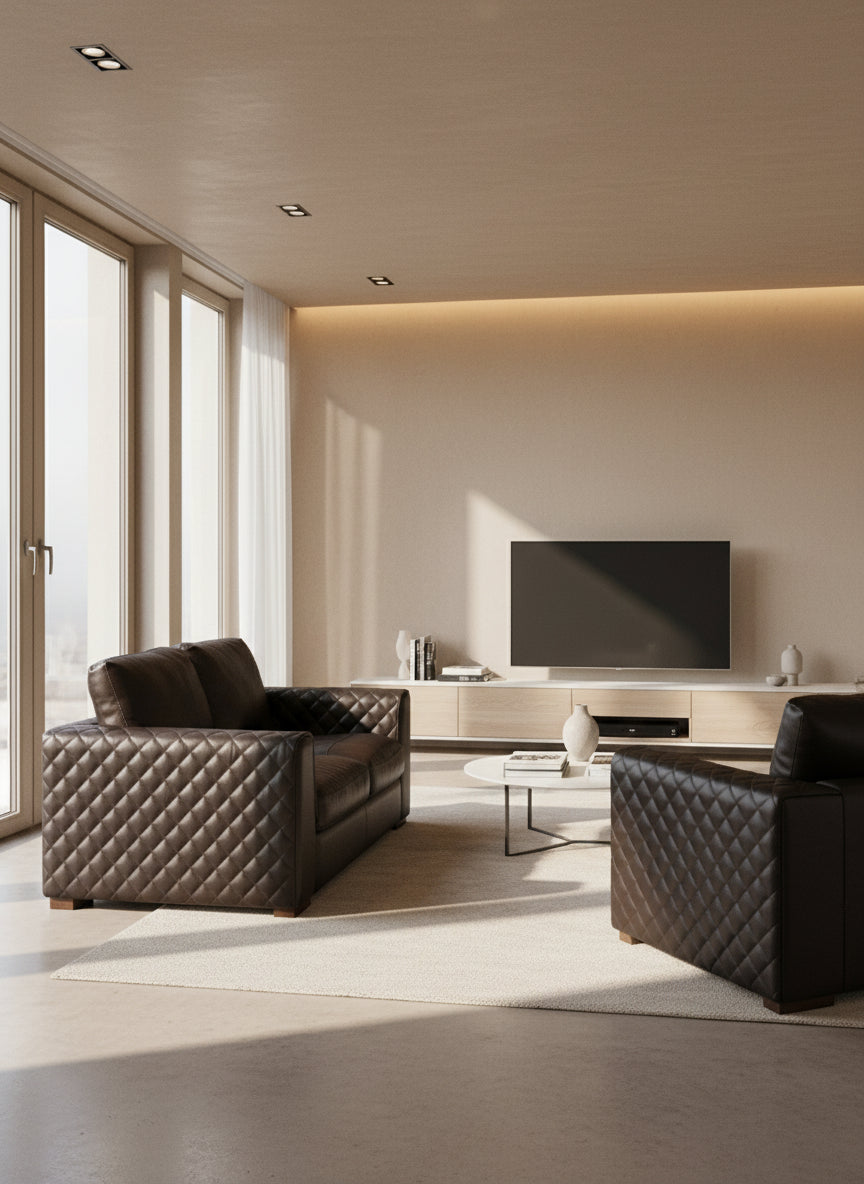 Ex-Display Waffle Arm Brown Leather 2 Seater Sofa + Chair
