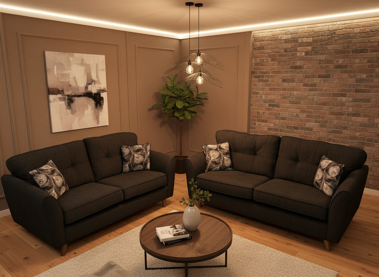 Peacock Ex-Display Black Fabric 3 + 2 Seater Sofa Set | EXPEA