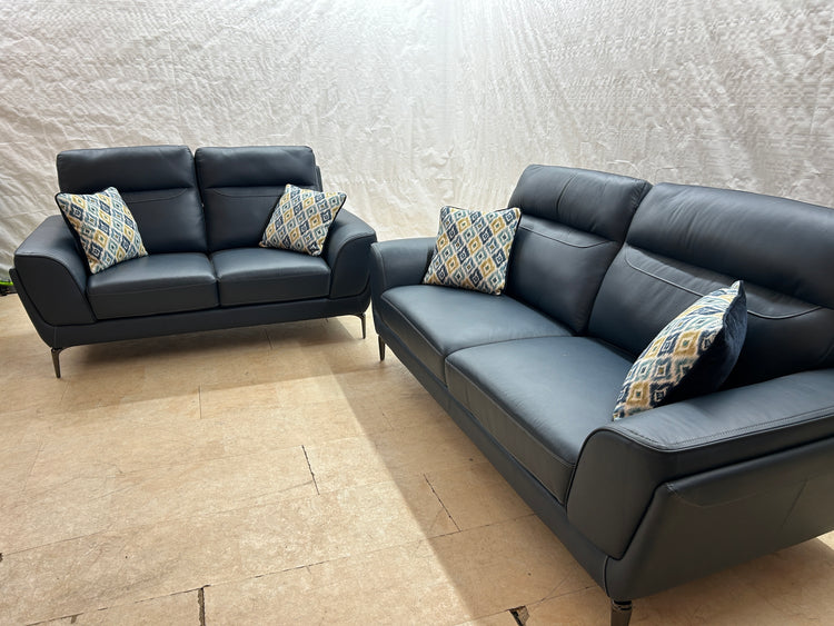 Ex-Display Vitalia Blue Leather 3 + 2 Seater Sofa Set