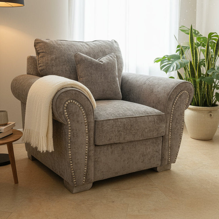 Ex-Display Grey Fabric Armchair with Scroll Arms and Studs