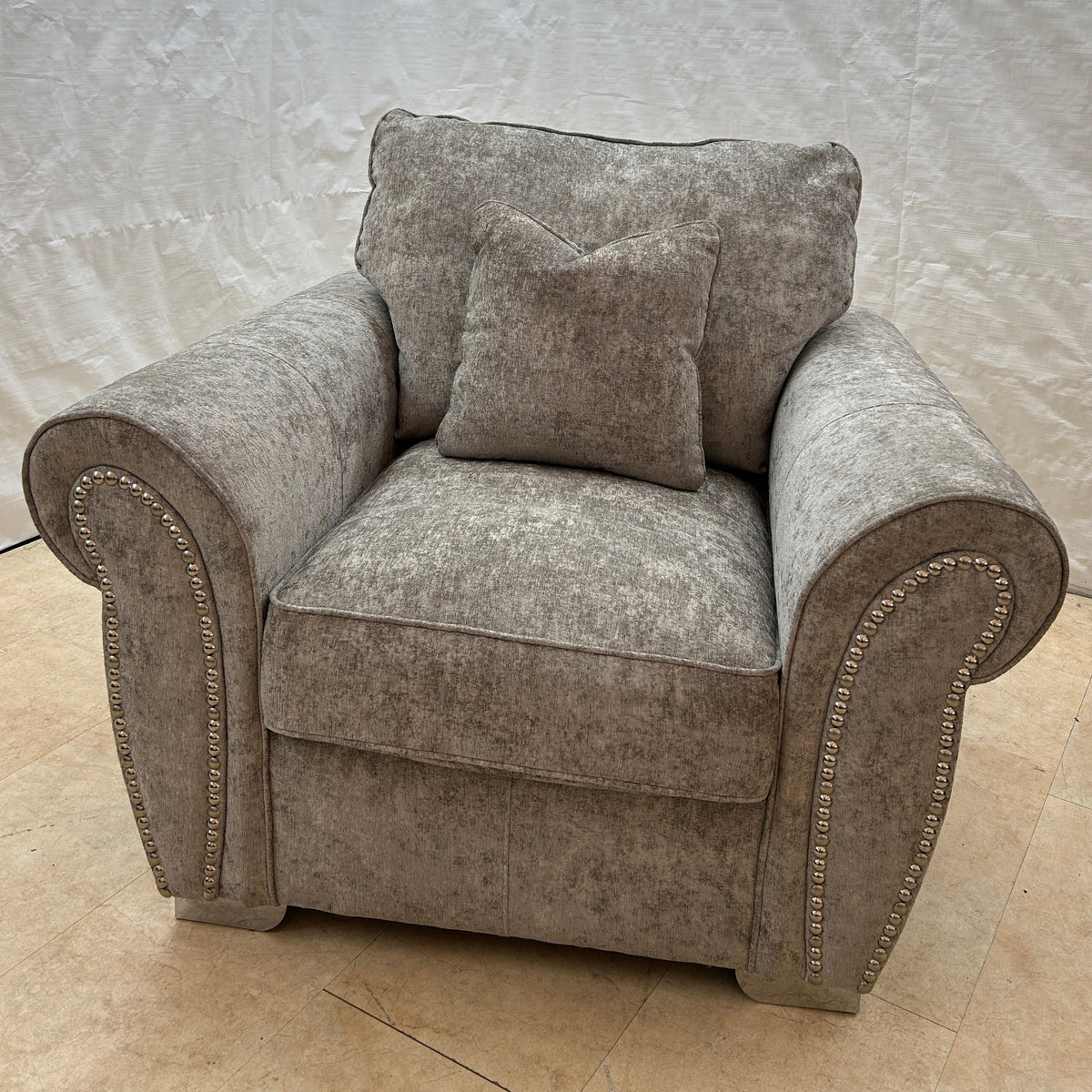 Ex-Display Grey Fabric Armchair with Scroll Arms and Studs
