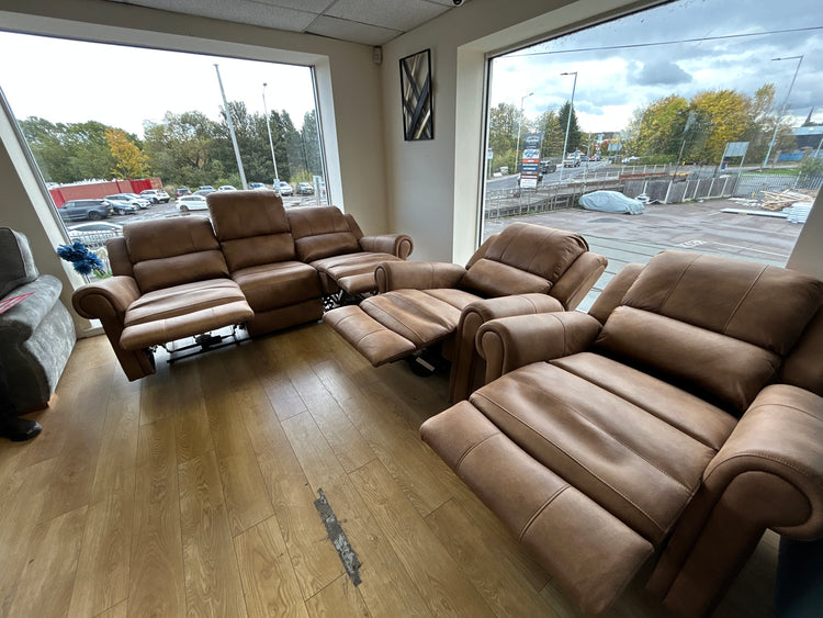 Ex-Display Aylsham Electric Recliners Brown Leather 3 seater + 2 Chair Sofa Set