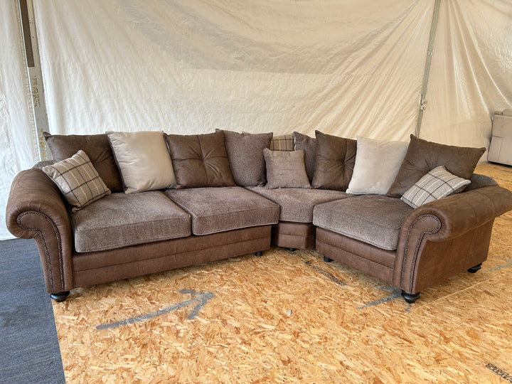 Ex-Display Marshal Brown Pillowback Fabric Corner Sofa with Scroll Arms