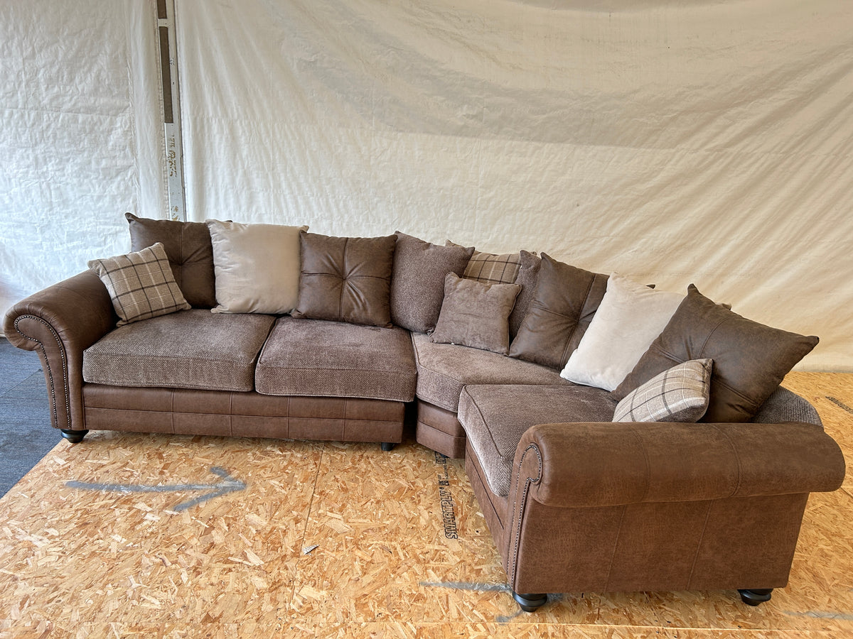 Ex-Display Marshal Brown Pillowback Fabric Corner Sofa with Scroll Arms