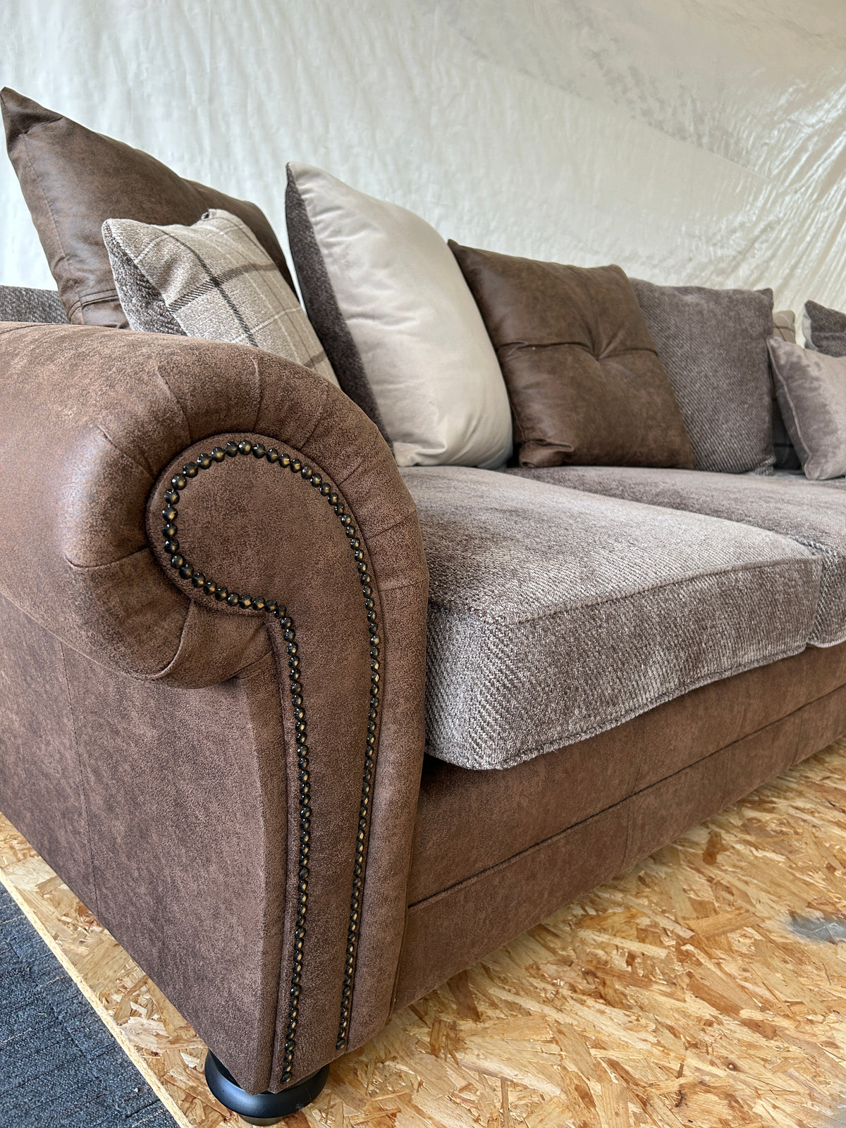 Ex-Display Marshal Brown Pillowback Fabric Corner Sofa with Scroll Arms