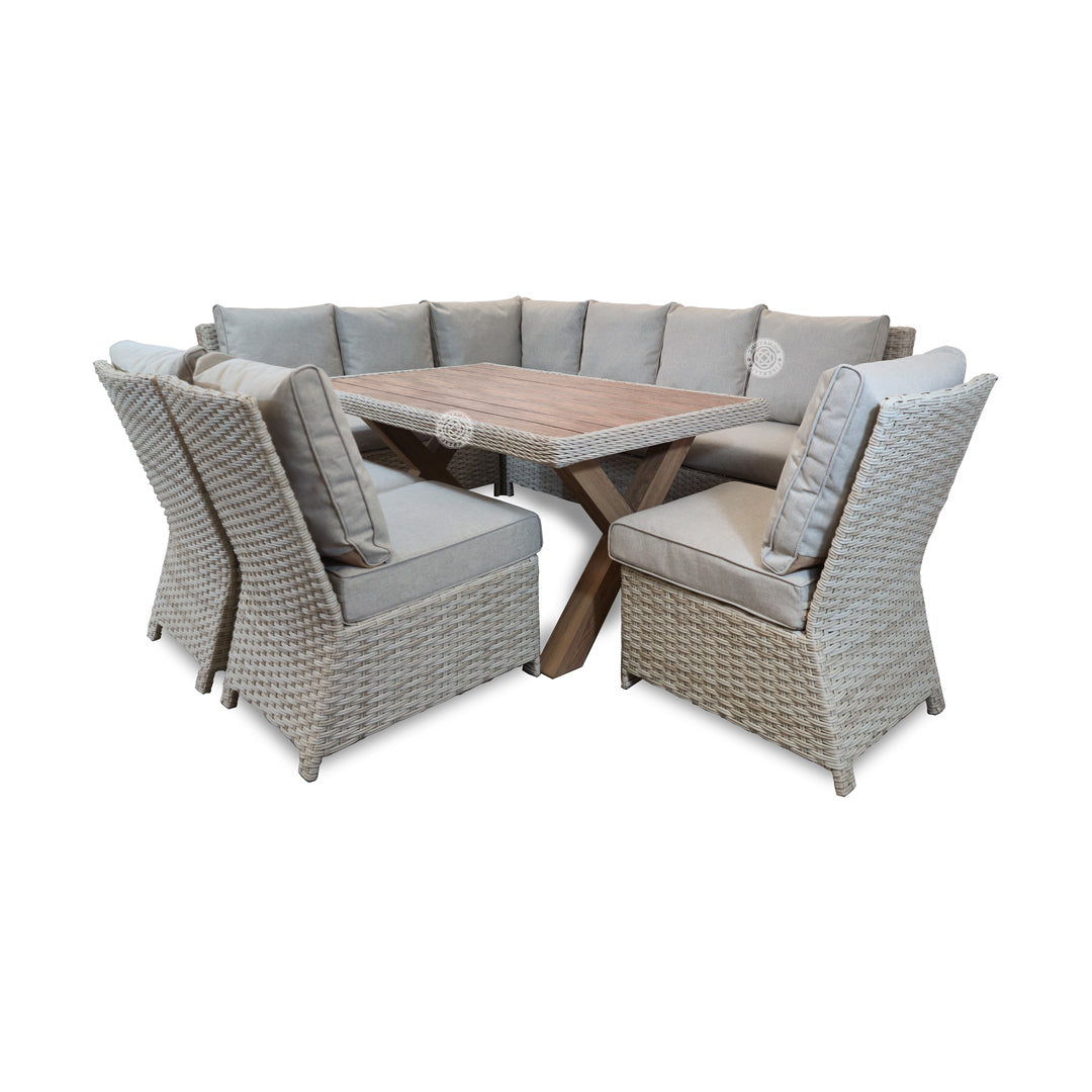 Northwood 9 Seater Beige Rattan Corner Dining Sofa with 3 Chairs & Table