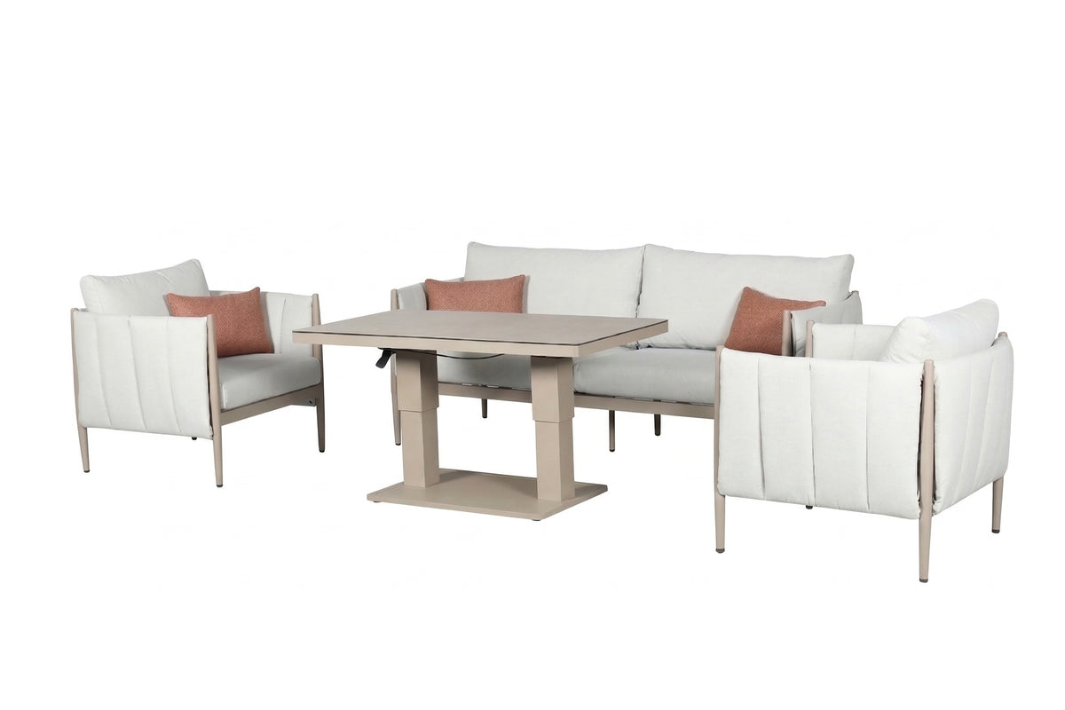 Pumpkin 4 Seater Beige Outdoor Fabric Garden Sofa Set with 2 Seater, Chairs & Lift Table