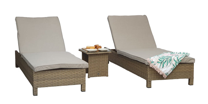 Sarena Natural Rattan Garden Sun Lounger Pair with Drinks Table | Signature Weave