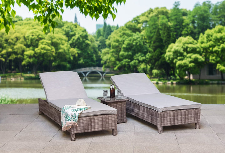 Serena Rattan Garden Sun Lounger Pair with Drinks Table for Poolside & Patio | Signature Weave