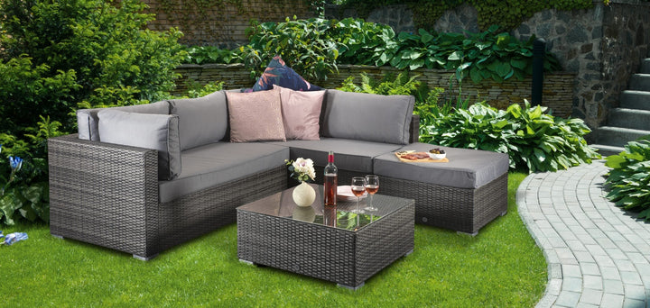 Savannah 5 Seater Grey Rattan Garden Corner Sofa Set with Washable Cushion Covers | Signature Weave