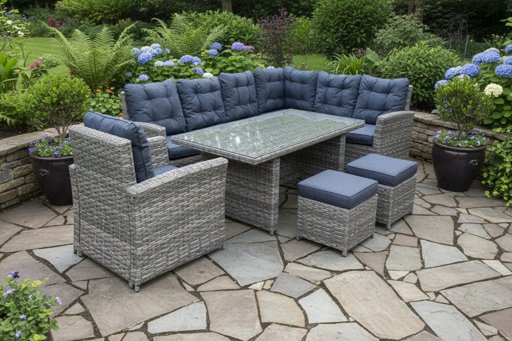 Skylar 8 Seater Rattan Corner Dining Sofa with Glass Table, Armchair & 2 Footstools