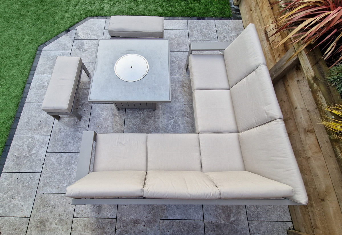 Venus 8 Seater Aluminium Garden Corner Sofa with Gas Fire Pit Table & 2 Bench Stools
