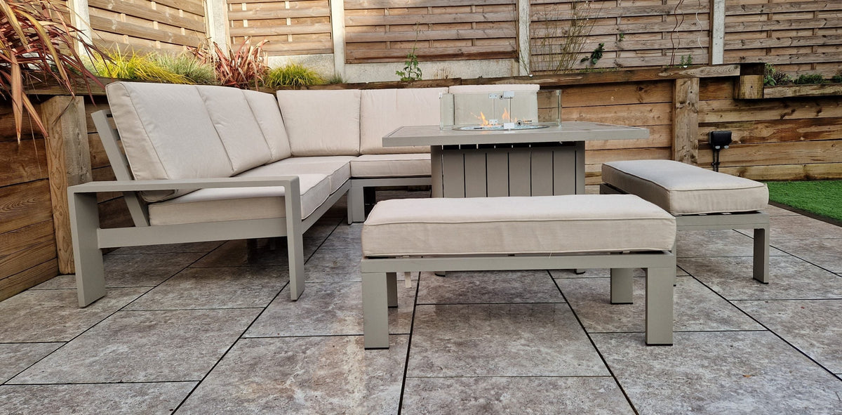 Venus 8 Seater Aluminium Garden Corner Sofa with Gas Fire Pit Table & 2 Bench Stools