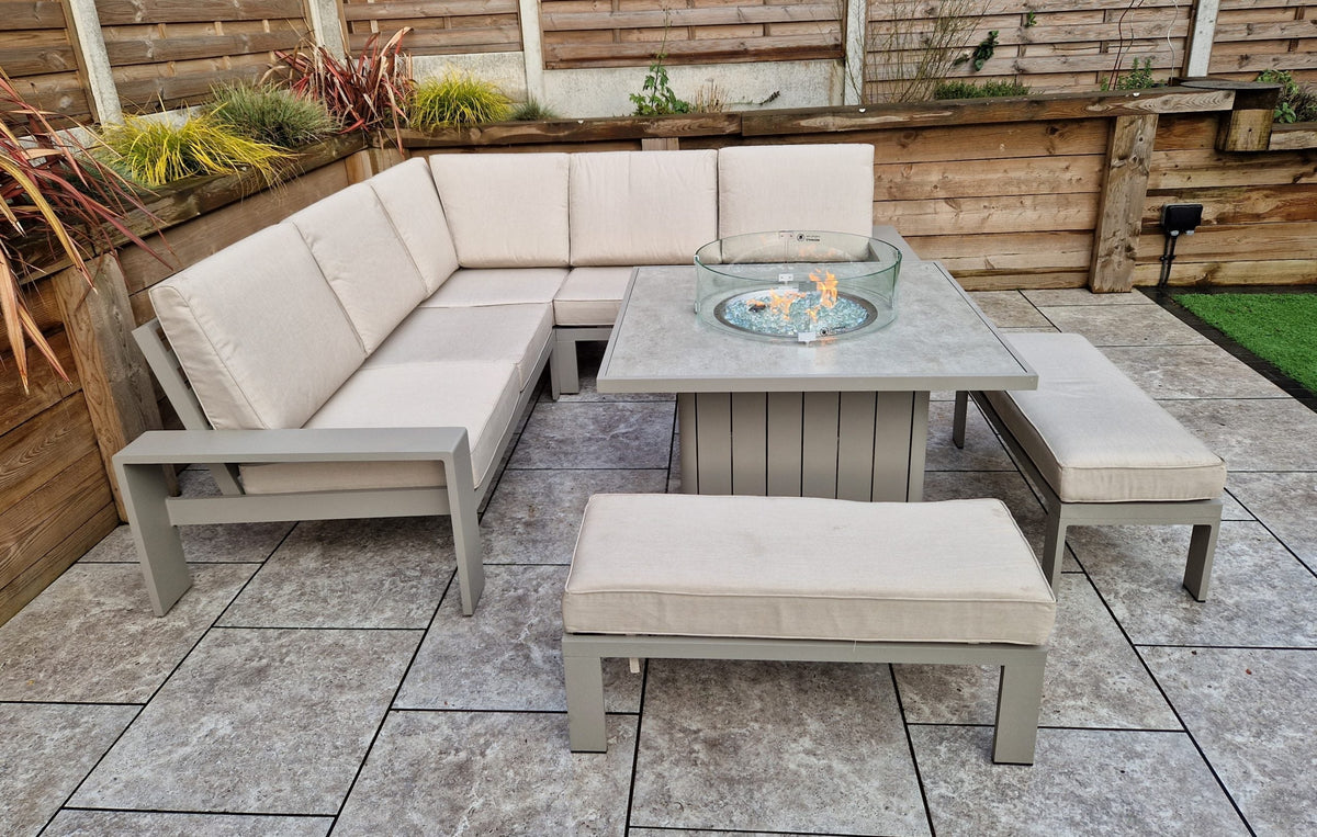Venus 8 Seater Aluminium Garden Corner Sofa with Gas Fire Pit Table & 2 Bench Stools