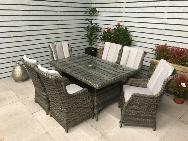 Victoria 6 Seater Two-Tone Rattan Garden Dining Set with Glass Table & Parasol Hole | Signature Weave