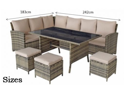 Signature Weave - Rattan Charlotte Corner Sofa + Dining Table + 3 Stools Set Grey | Char0156