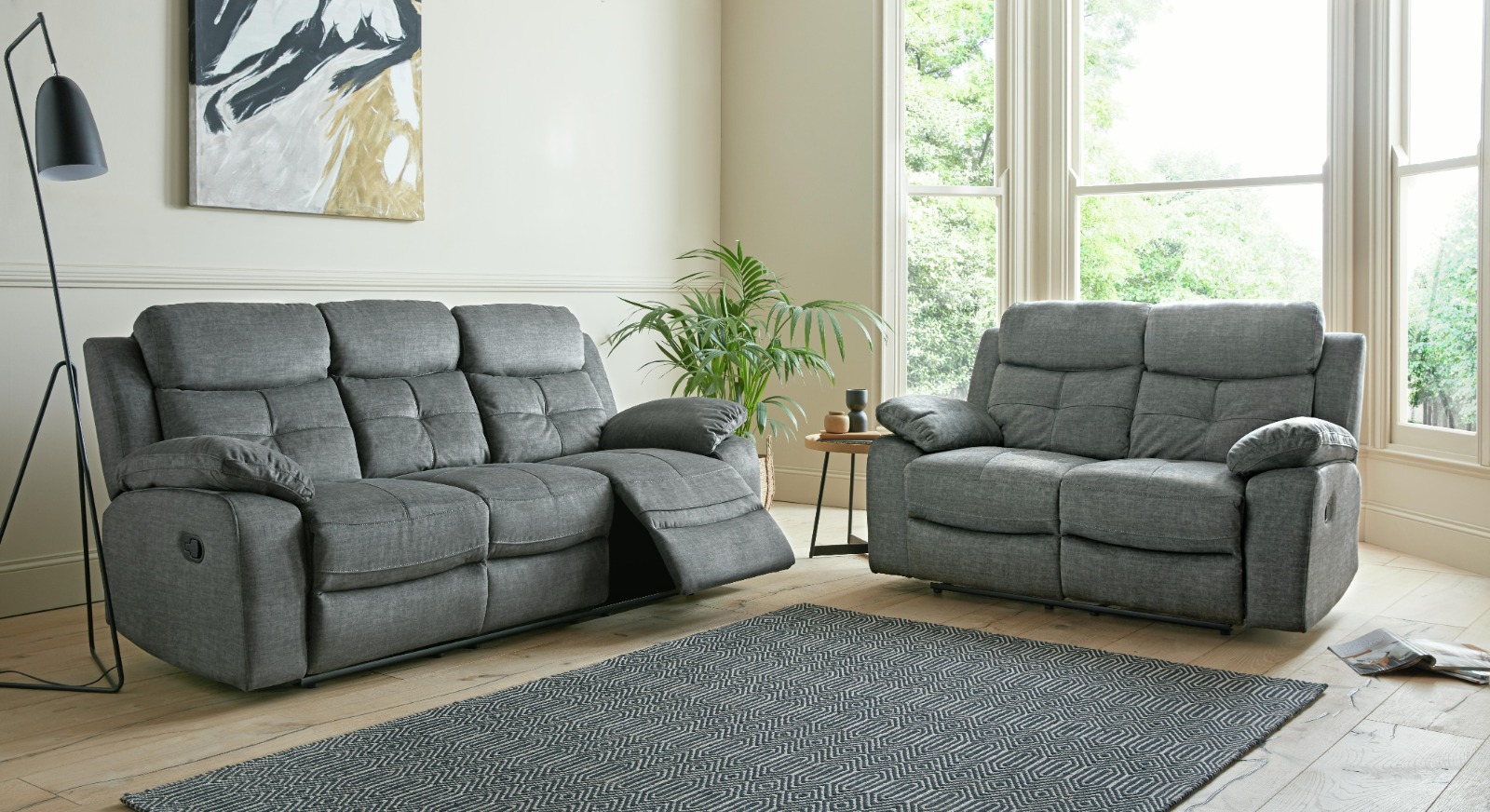 Iver Grey Fabric Manual Recliner 3 + 2 Seater Sofa Set | Homeflair