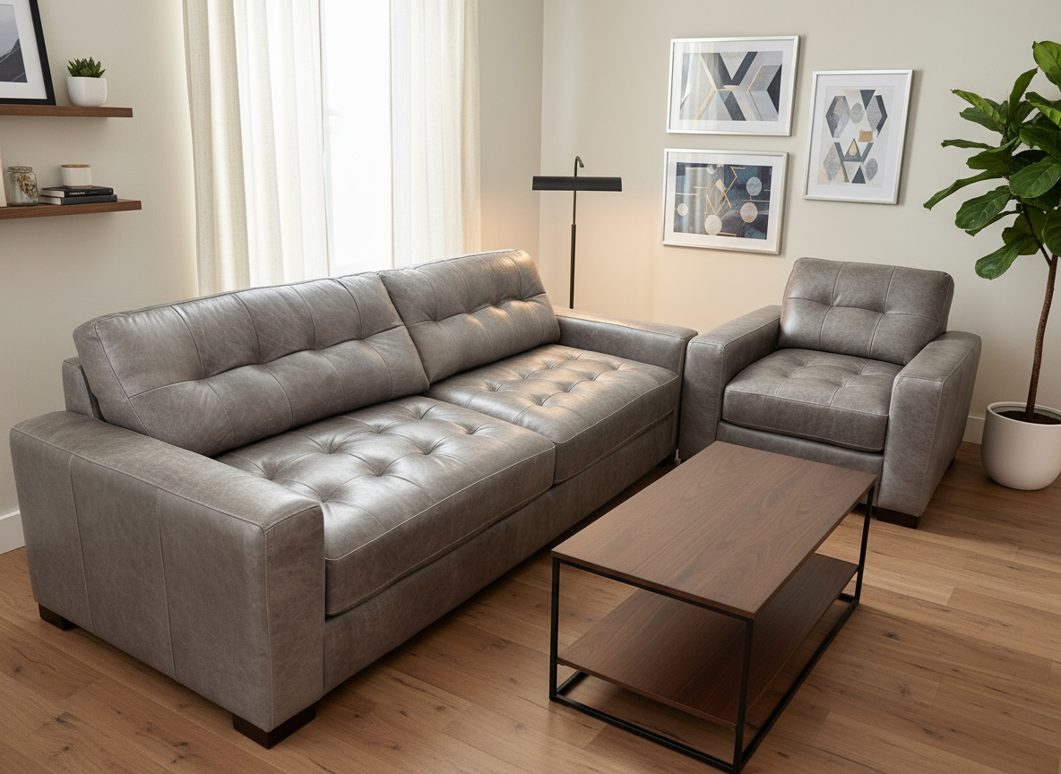 Ex-Display Alaska Semi-Aniline Grey Leather 4 Seater Sofa + Chair Set