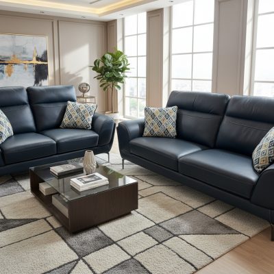 Ex-Display Vitalia Blue Leather 3 + 2 Seater Sofa Set