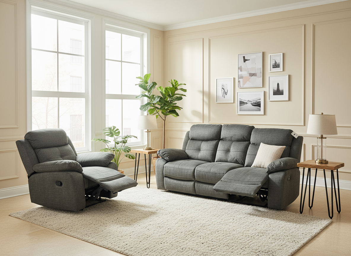 Ex-Display Boston Grey Fabric 3 + 2 Manual Recliner Sofa Set